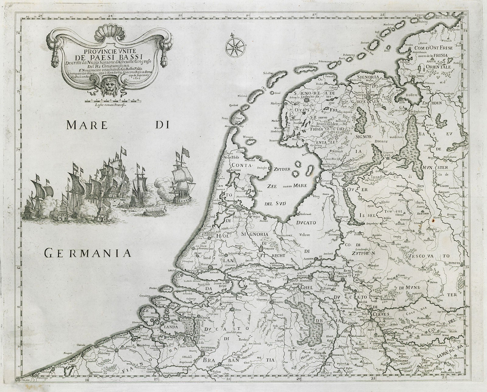 Provincie Unite de Paesi Bassi. Netherlands. DE ROSSI / SANSON 1672 old map